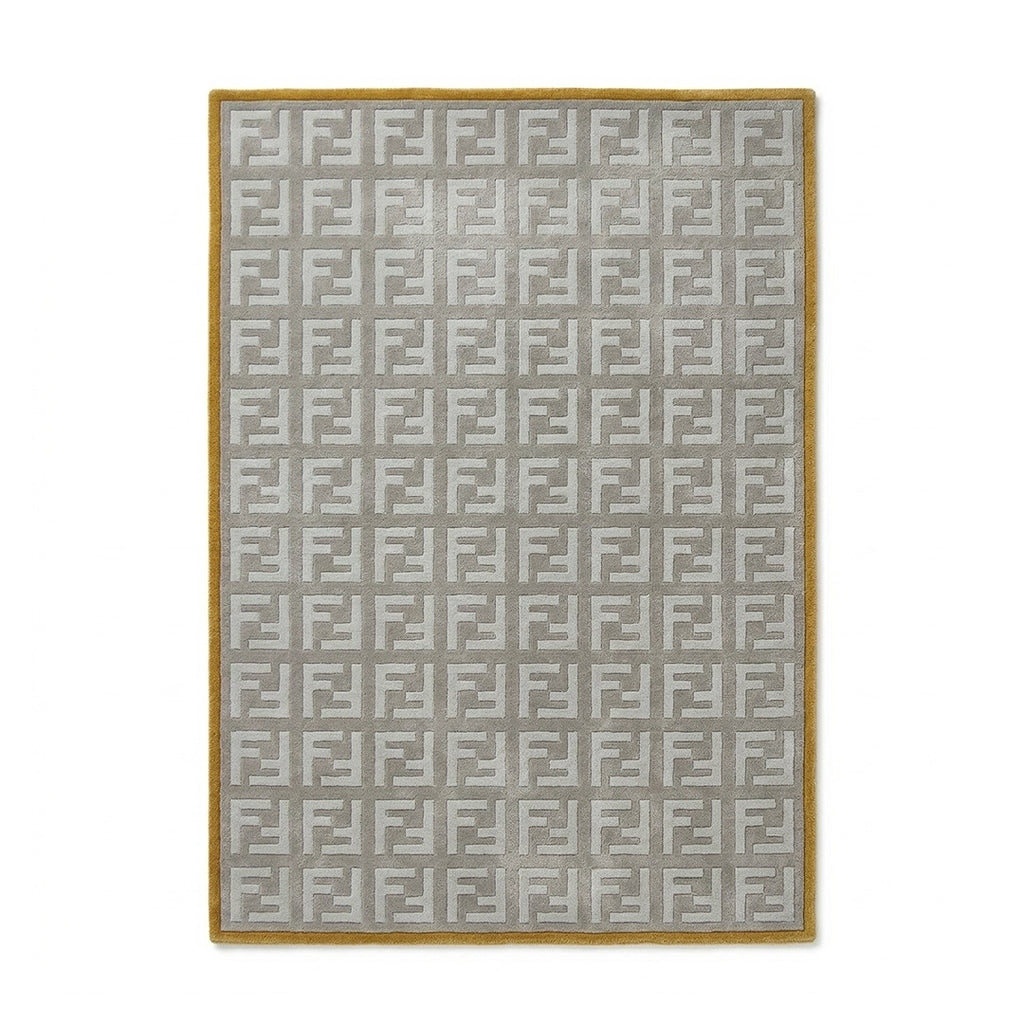 Interlock Pattern Grey Rug with Mustard Border