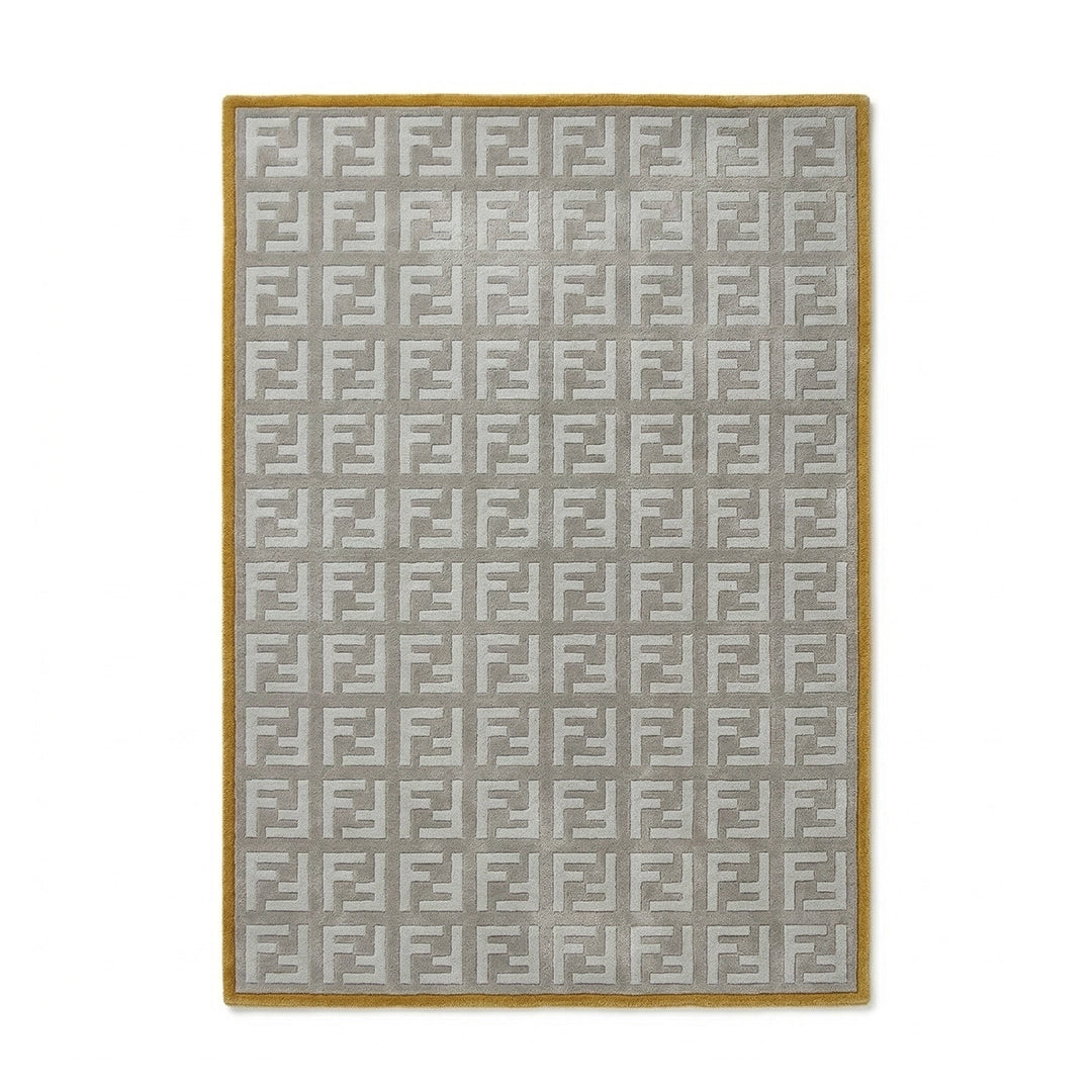 Interlock Pattern Grey Rug with Mustard Border