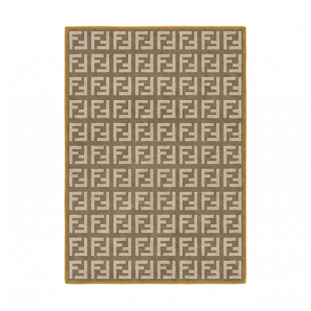 Beige Grid Pattern Rug with Mustard Border