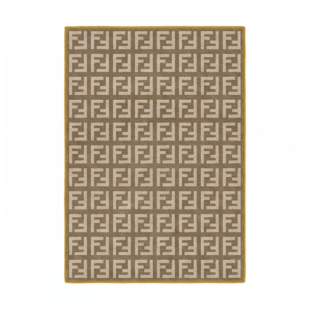 Beige Grid Pattern Rug with Mustard Border