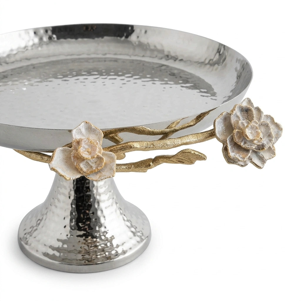 Luxury Silver & Gold Floral Pedestal Serving platter 16”