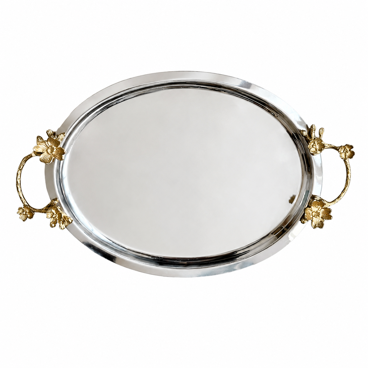Anthropologie Stainless Steel Tray with Brass Colored Floral Handles