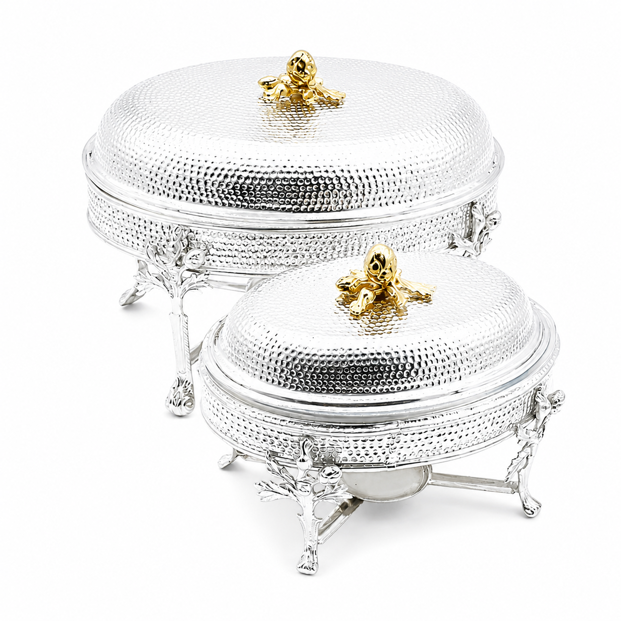 Silver jewelry box with gold accents on a white background