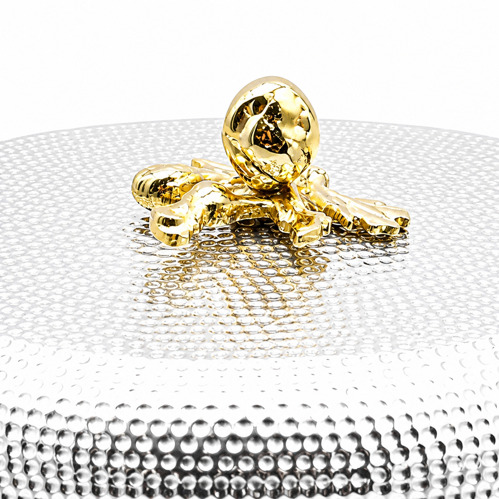 Gold boxing glove charm on a textured white surface