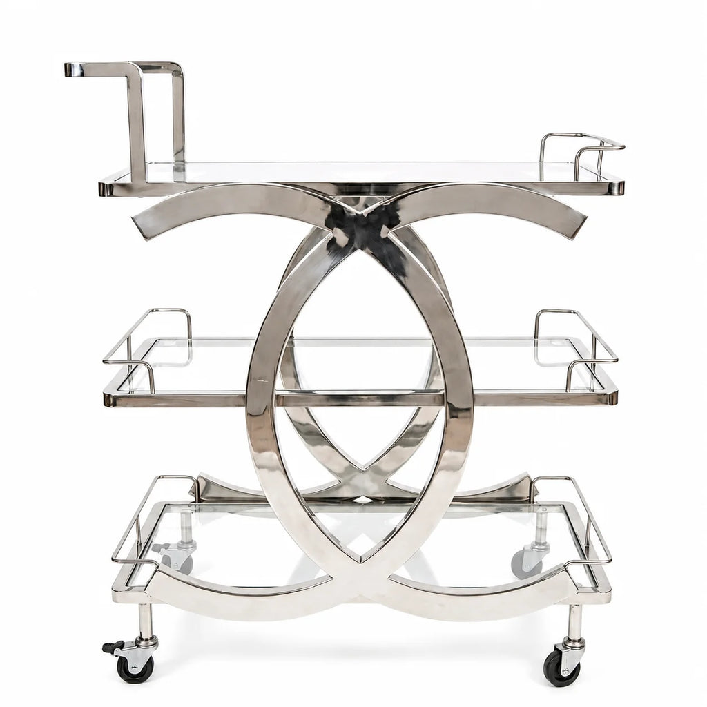 Stainless steel bar cart with circular design on a white background
