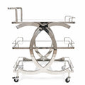 Stainless steel bar cart with circular design on a white background