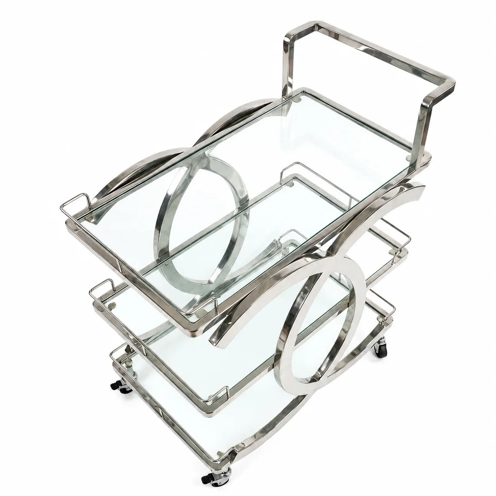 Chrome bar cart with glass shelves on a white background