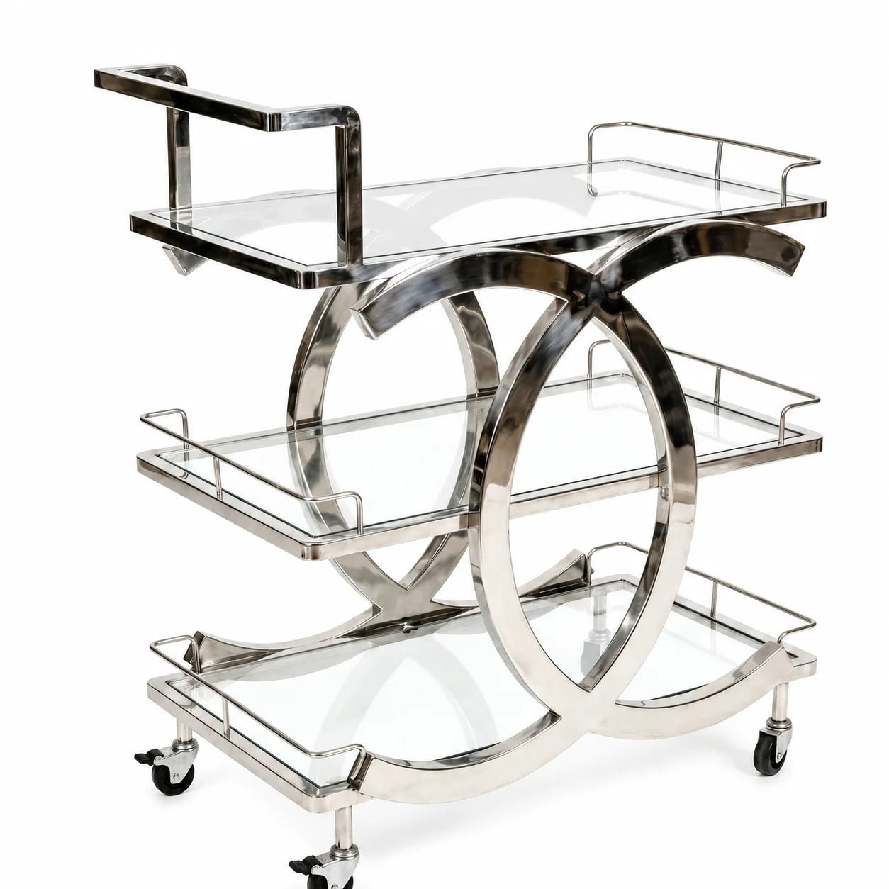 Chrome bar cart with glass shelves on a white background