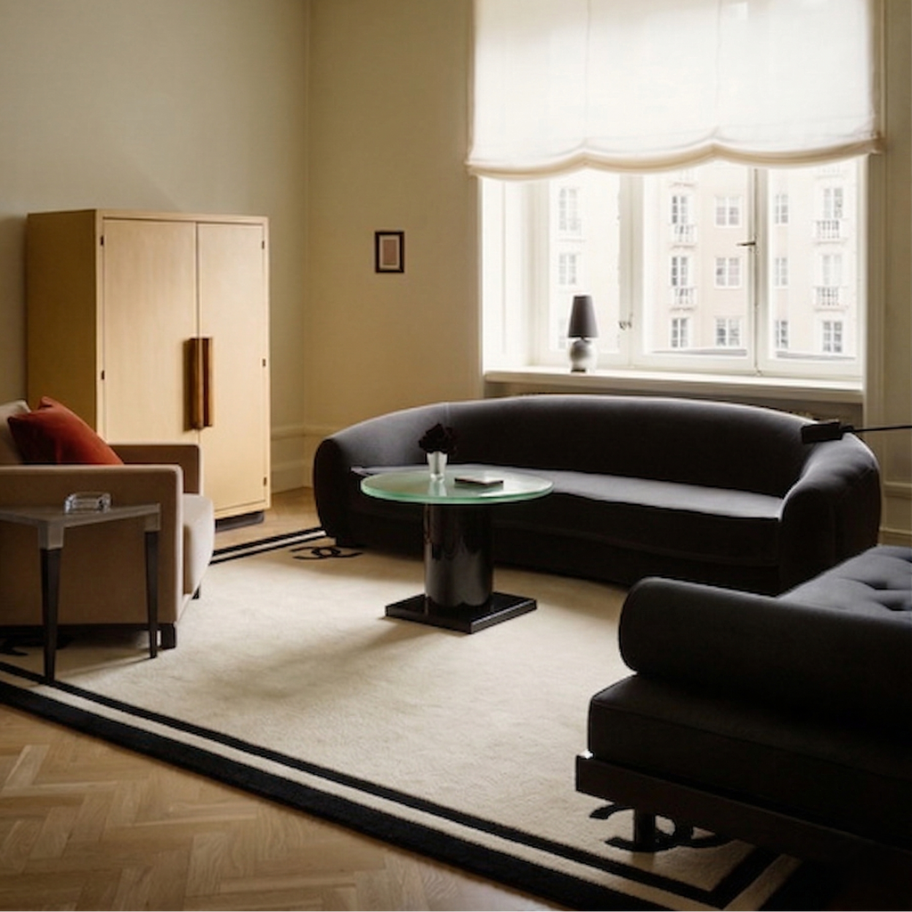 Modern living room with a black sofa, wooden cabinet, and large window.