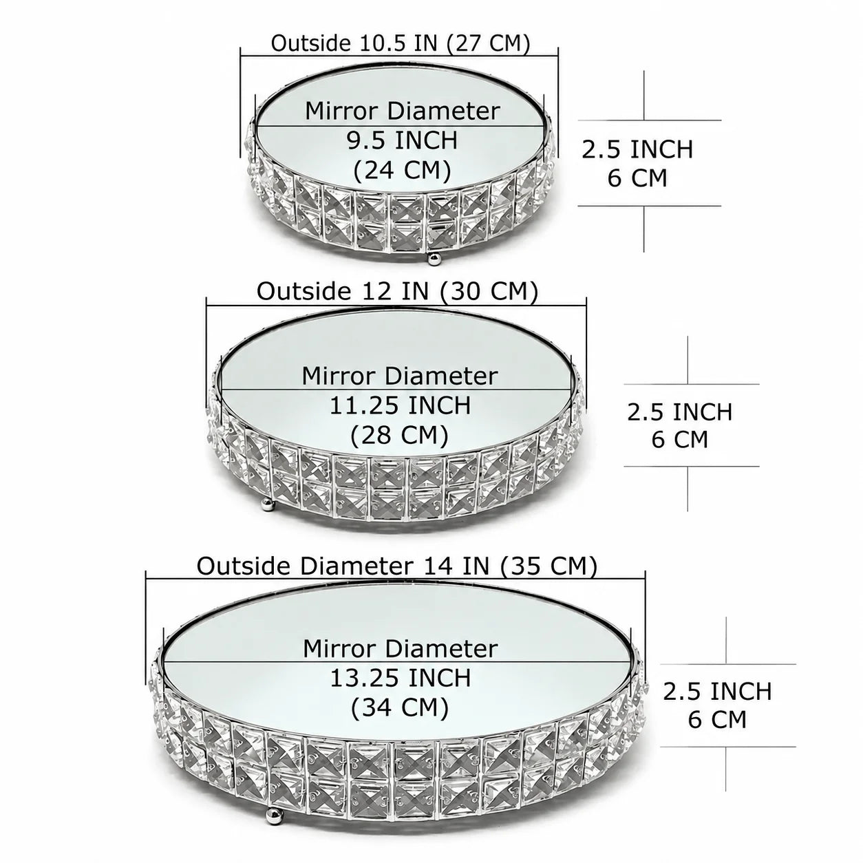 Crystal 3-Piece Cake Stand Set Mirror Plate