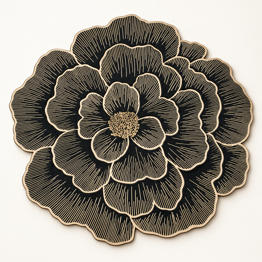 A large circular floral design with layered petals in black and beige, featuring fine line details and a textured center, shown on a plain light background.