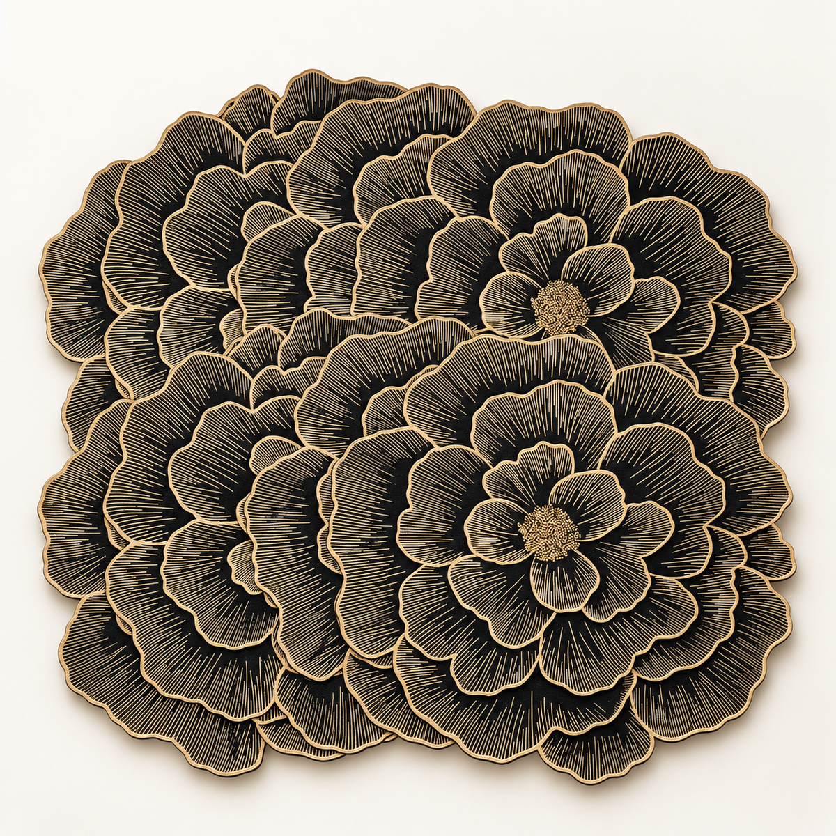 A set of overlapping circular placemats or coasters featuring a detailed floral design in dark brown and beige, arranged on a clean off-white background.