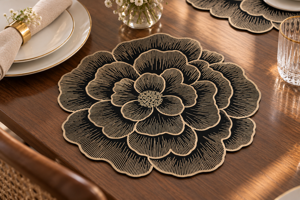 A large floral placemat with layered petal designs in black and beige, styled on a warm wooden dining table with plates, a napkin, and a glass.