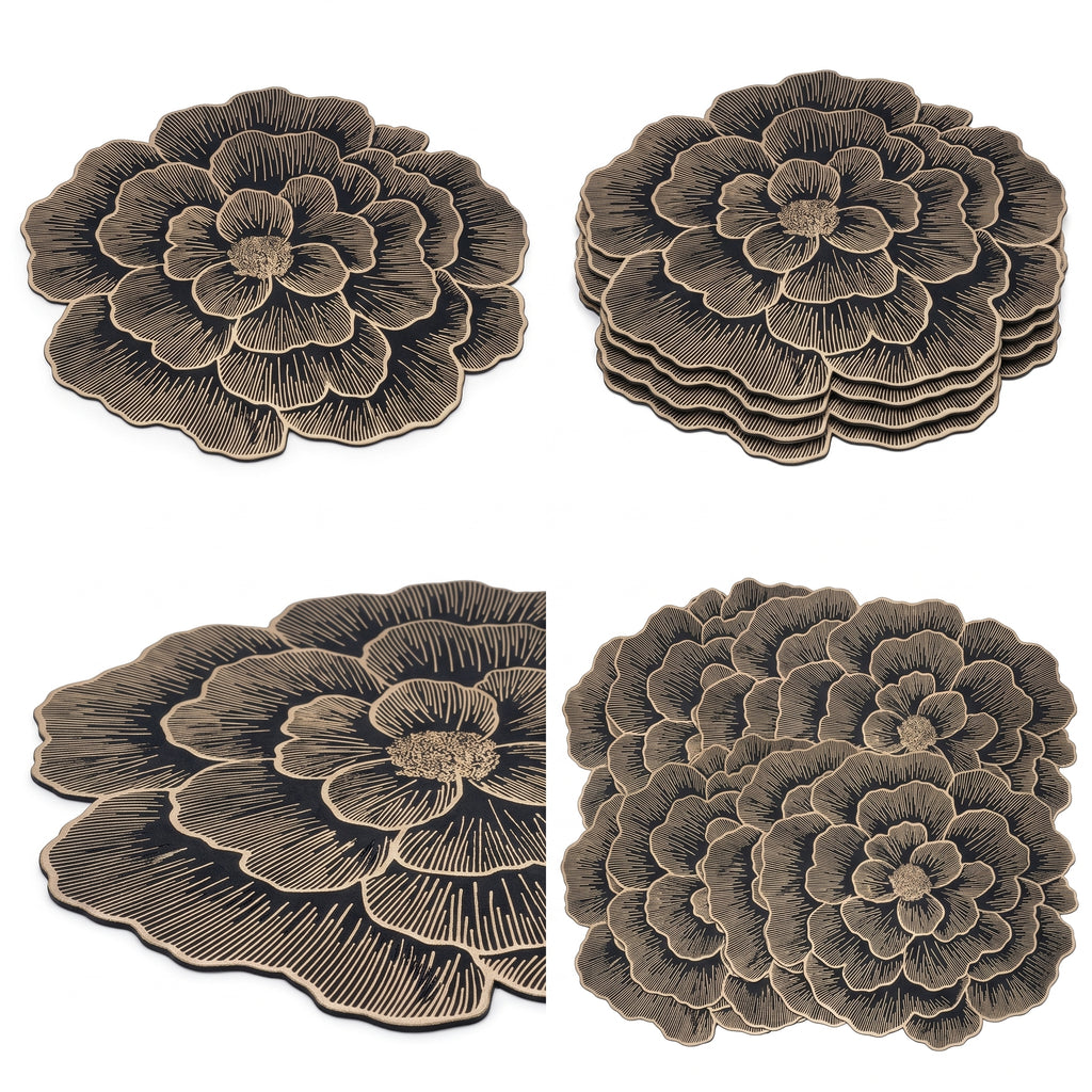 Four mushroom-shaped placemats or coasters arranged in a 2x2 grid on a plain white background. Two show a single piece and two show a stack of matching pieces, all in a dark brown to taupe color with lighter beige edging and raised petal details.