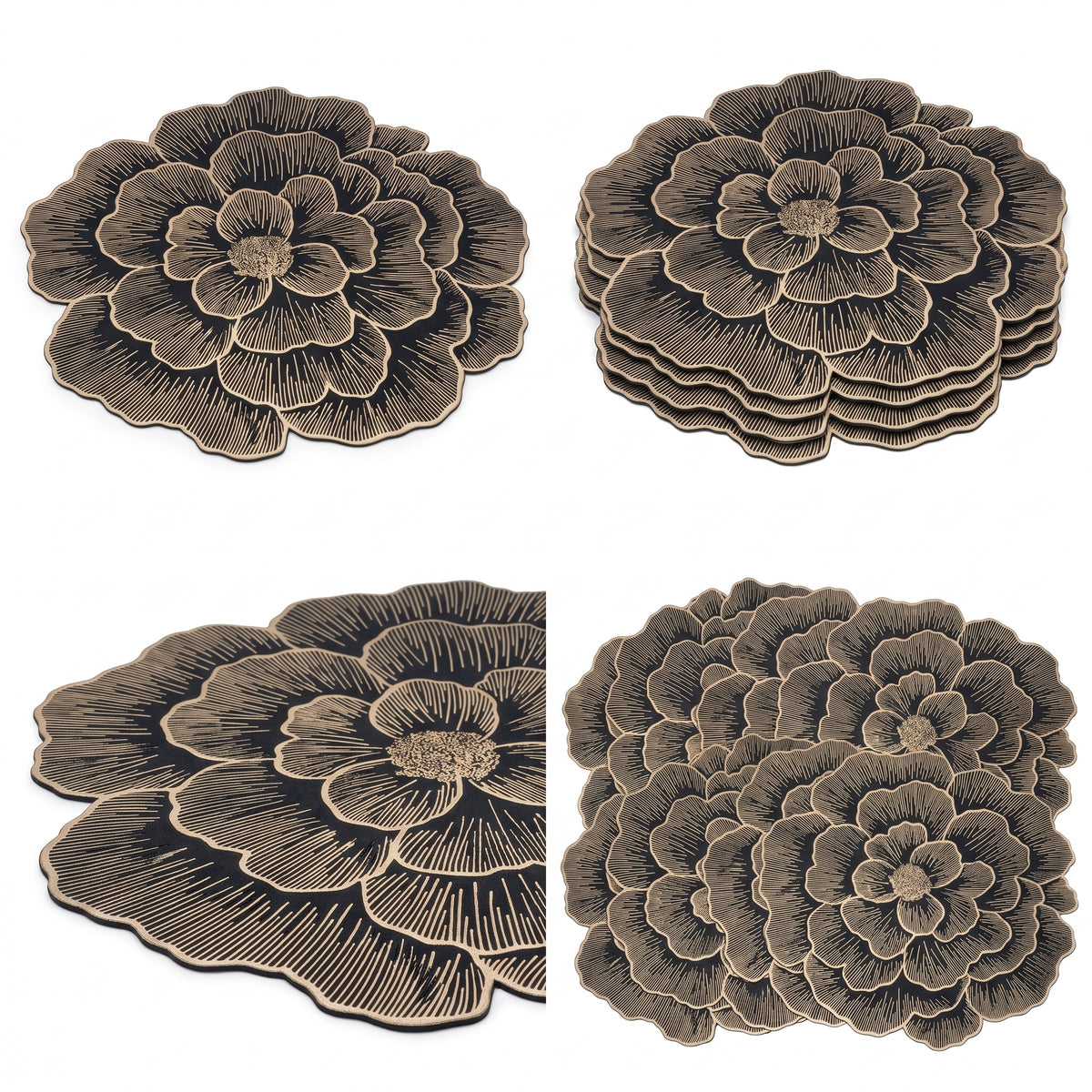 Four mushroom-shaped placemats or coasters arranged in a 2x2 grid on a plain white background. Two show a single piece and two show a stack of matching pieces, all in a dark brown to taupe color with lighter beige edging and raised petal details.