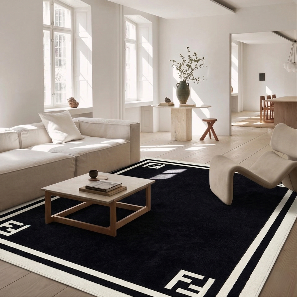 Modern living room with a black and white patterned rug, light-colored furniture, and large windows.