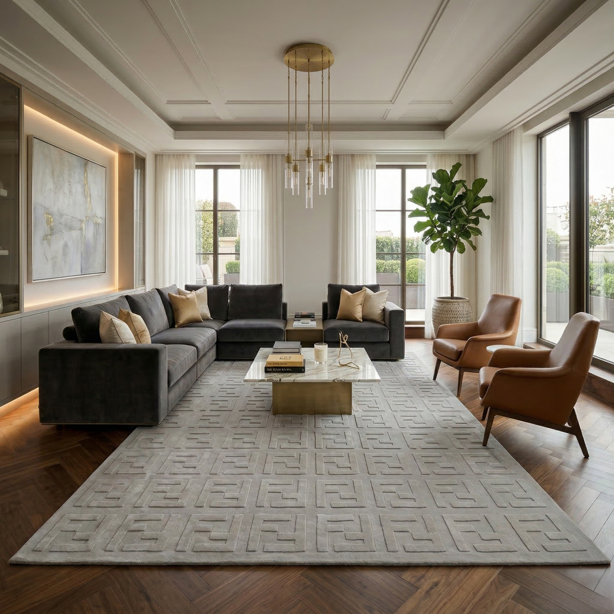 Light Grey Textured Grid Rug