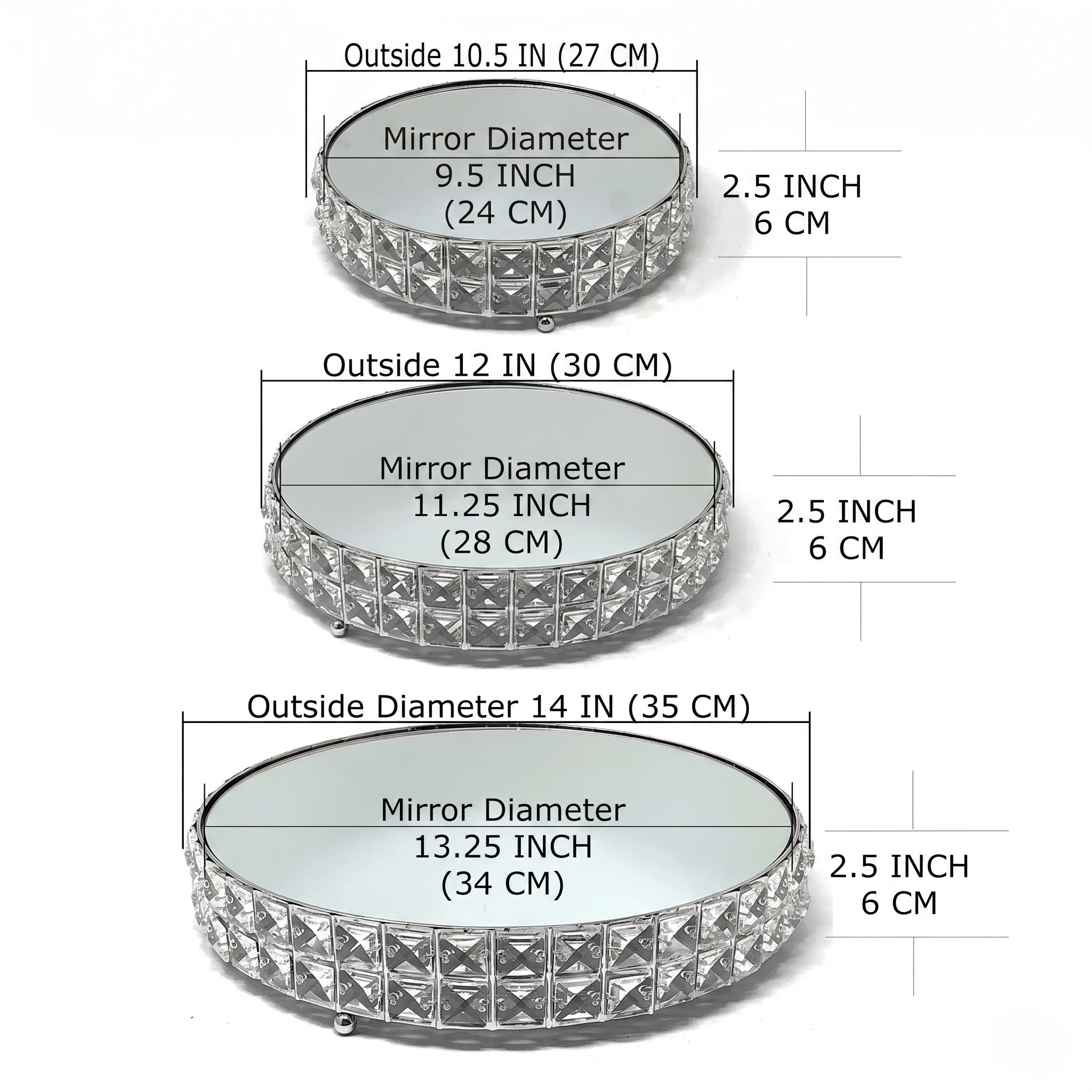 Crystal 3-Piece Cake Stand Set Mirror Plate