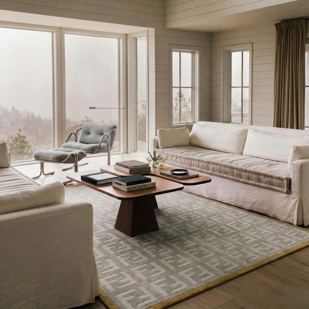 Interlock Pattern Grey Rug with Mustard Border