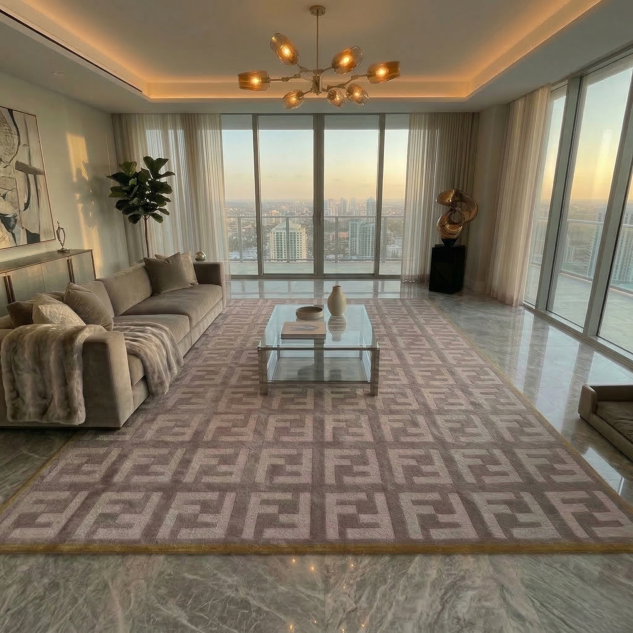 Beige Grid Pattern Rug with Mustard Border