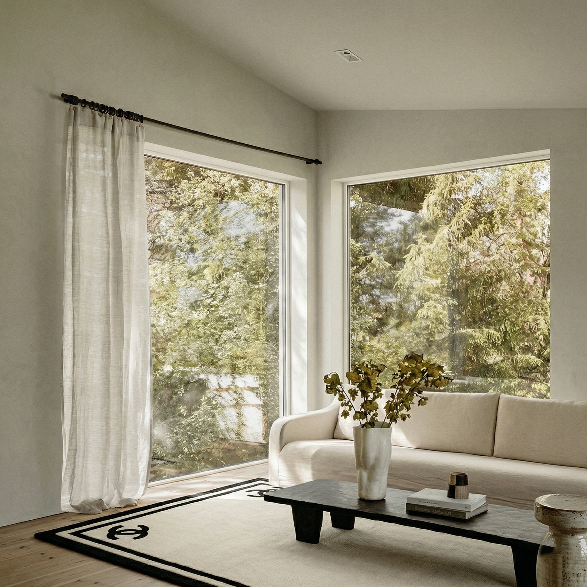 Corner Motif Cream Rug with Black Border