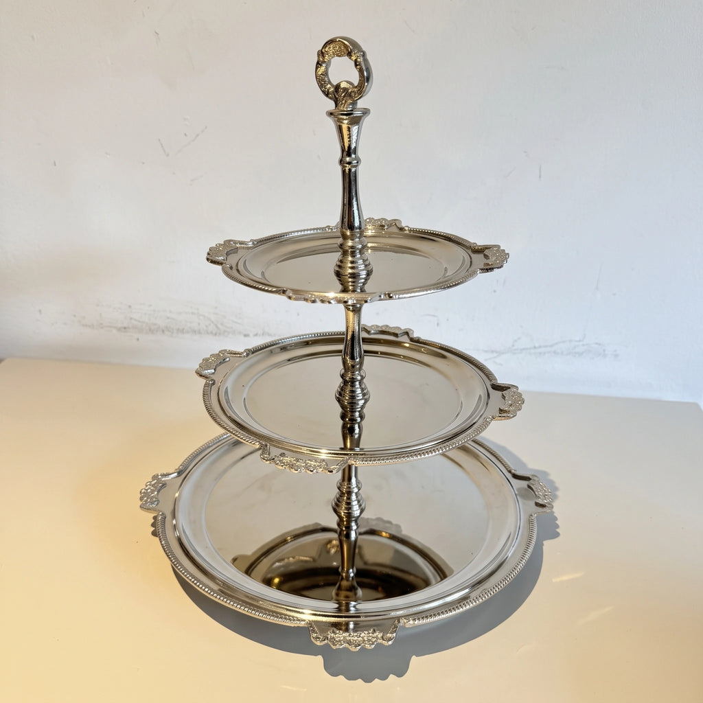 3-Tier Silver Serving Stand with Ornate Handle