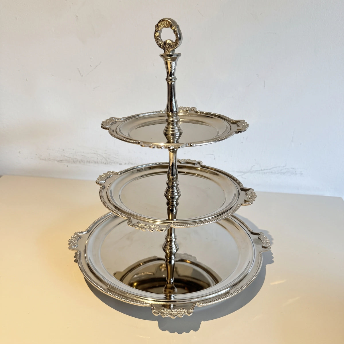 3-Tier Silver Serving Stand with Ornate Handle