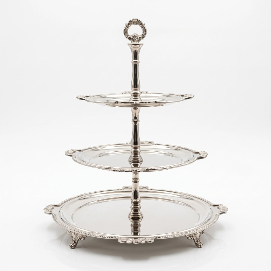 3-Tier Silver Serving Stand with Ornate Handle