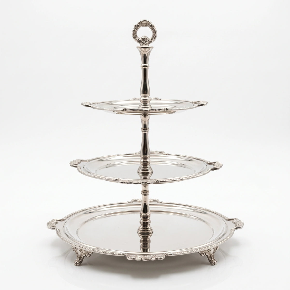 3-Tier Silver Serving Stand with Ornate Handle