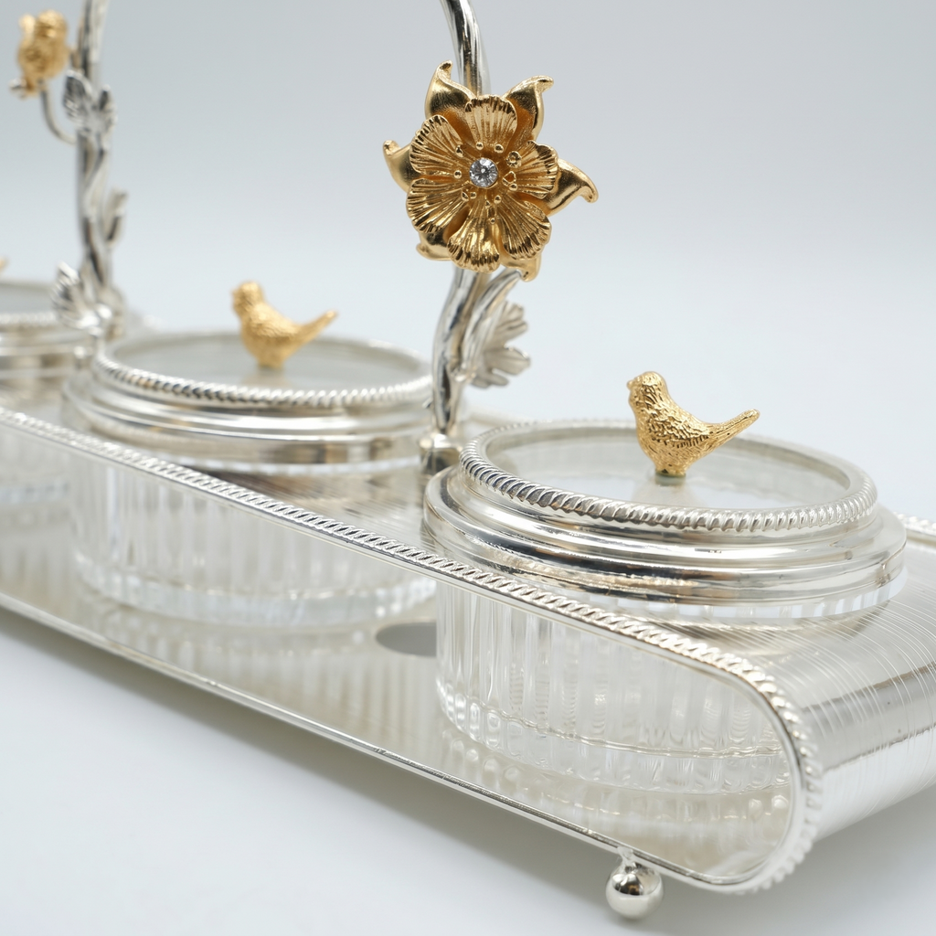 Golden Blossom Bird Condiment Jar Set