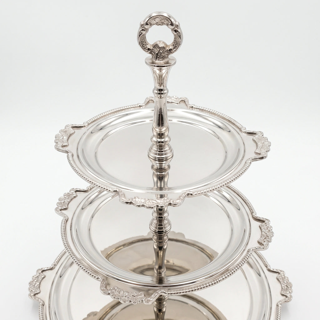 3-Tier Silver Serving Stand with Ornate Handle