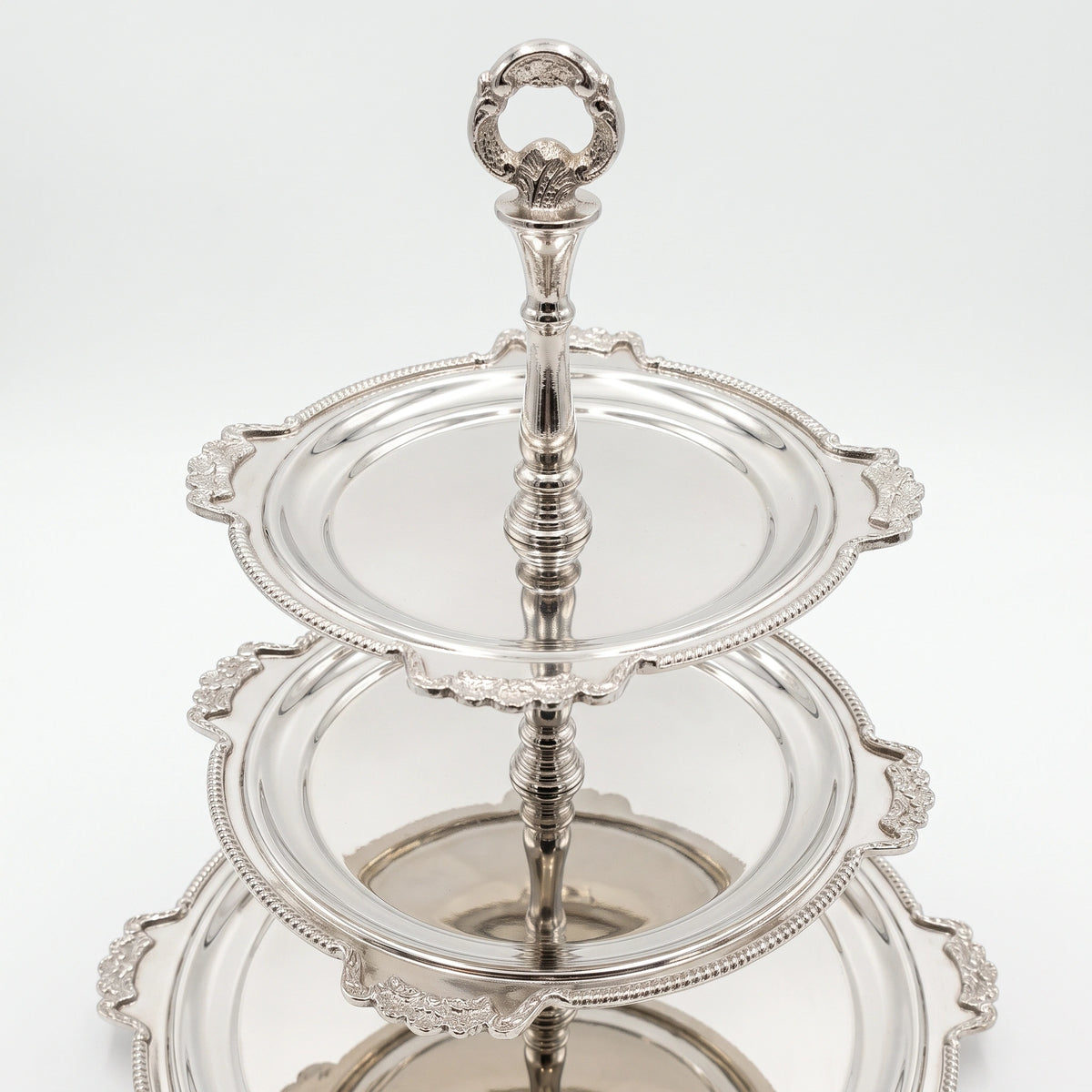 3-Tier Silver Serving Stand with Ornate Handle