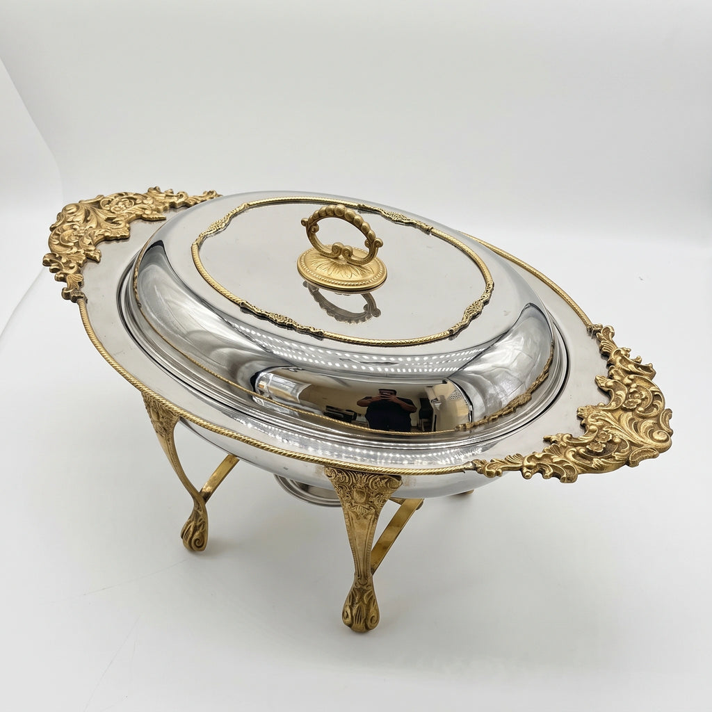 Luxury Silver & Gold Oval Serving Dish with Lid 4ltr