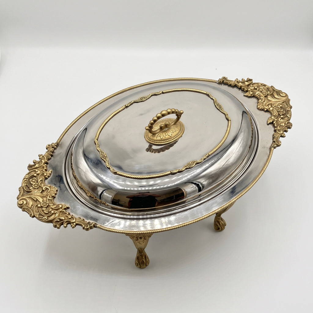 Luxury Silver & Gold Oval Serving Dish with Lid 4ltr