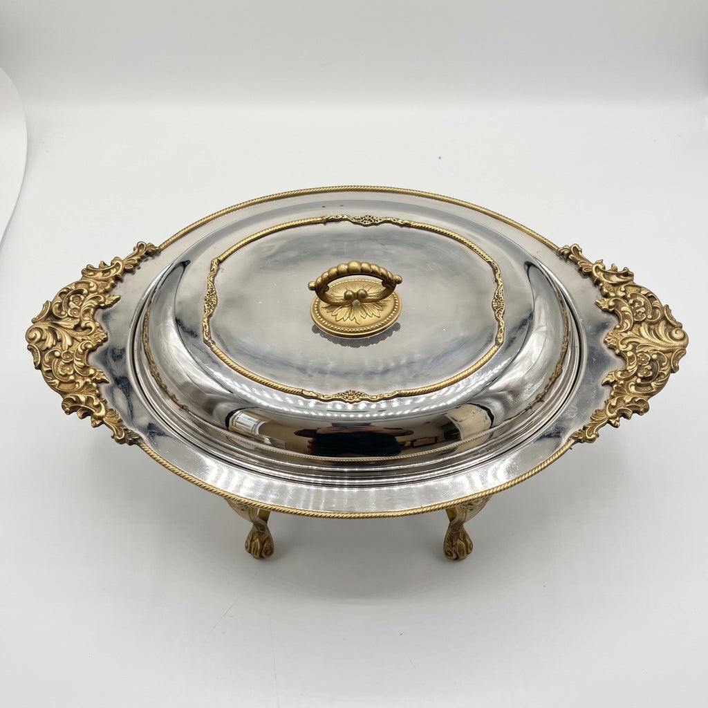 Luxury Silver & Gold Oval Serving Dish with Lid 4ltr