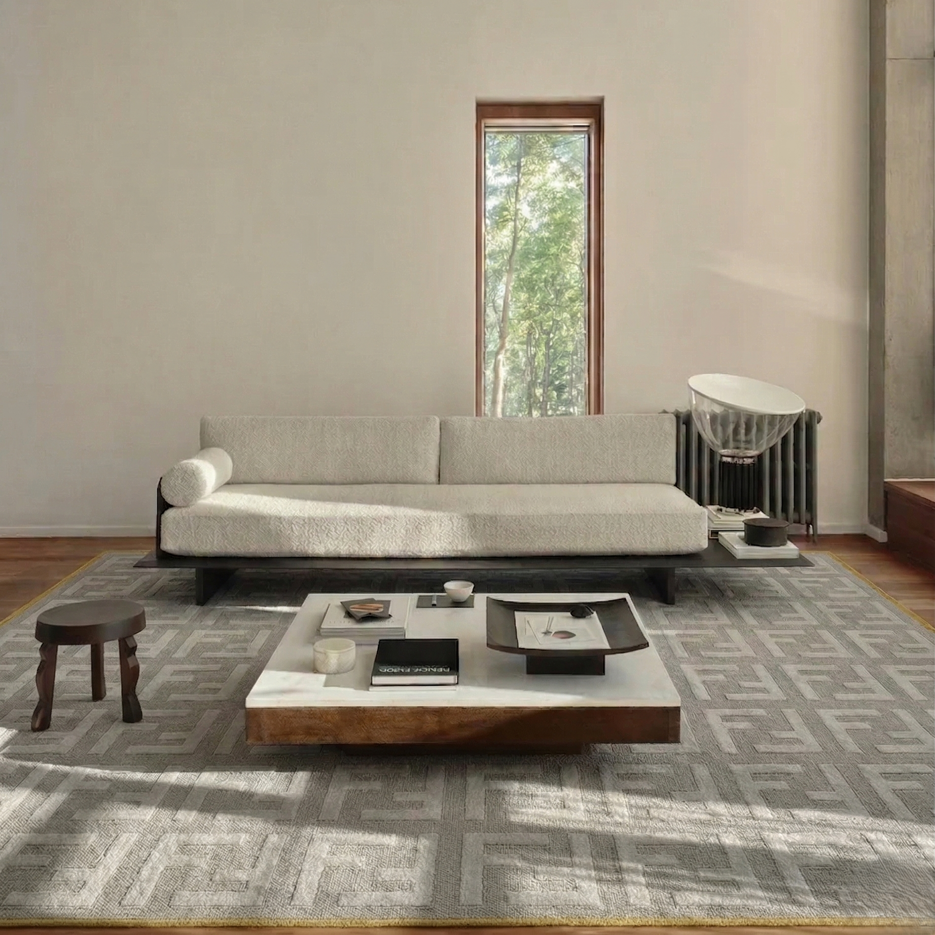 Interlock Pattern Grey Rug with Mustard Border