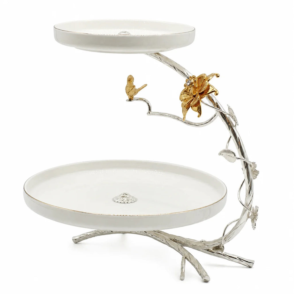 Two-tiered decorative stand with floral and butterfly design on a white background