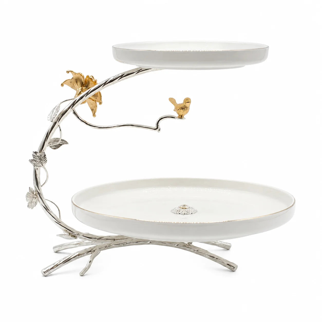 Decorative white dish stand with silver base and gold accents on a white background