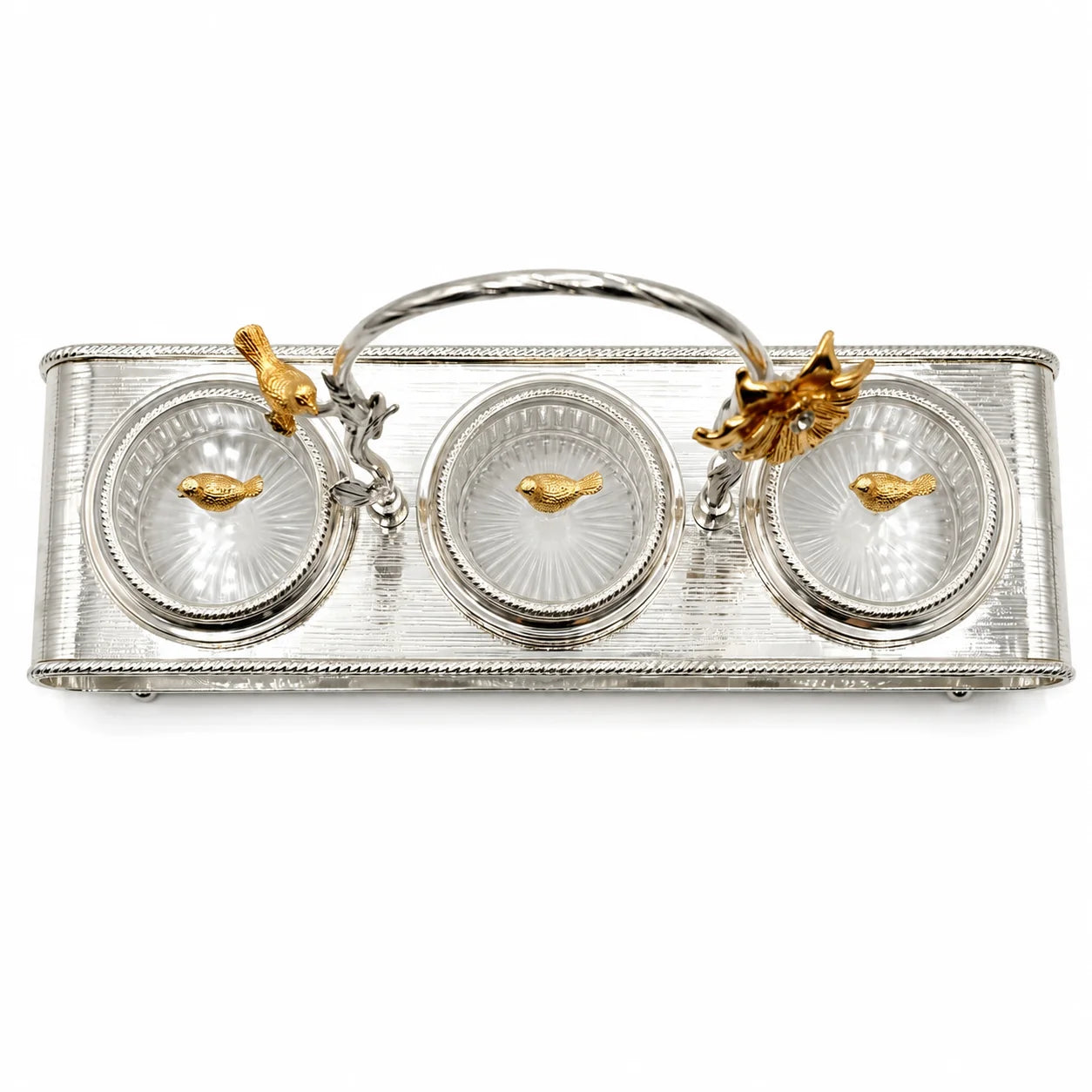 Silver clutch bag with gold accents on a white background