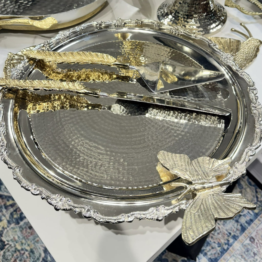 Elegant Silver & Gold Butterfly Decorative Cake Stand 16”