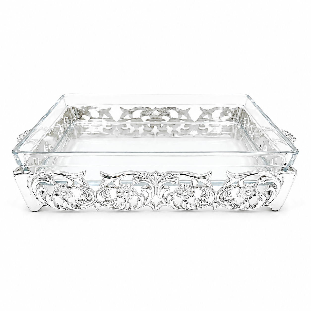 Decorative glass tray with intricate metalwork on a white background