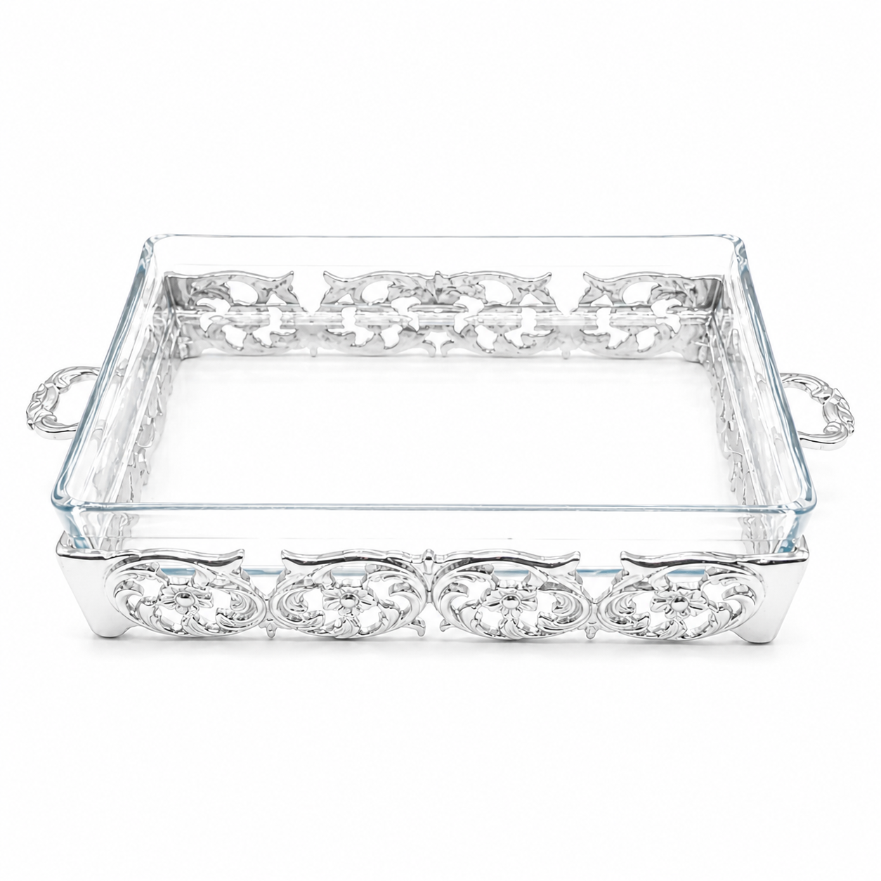 Decorative glass tray with silver embellishments on a white background