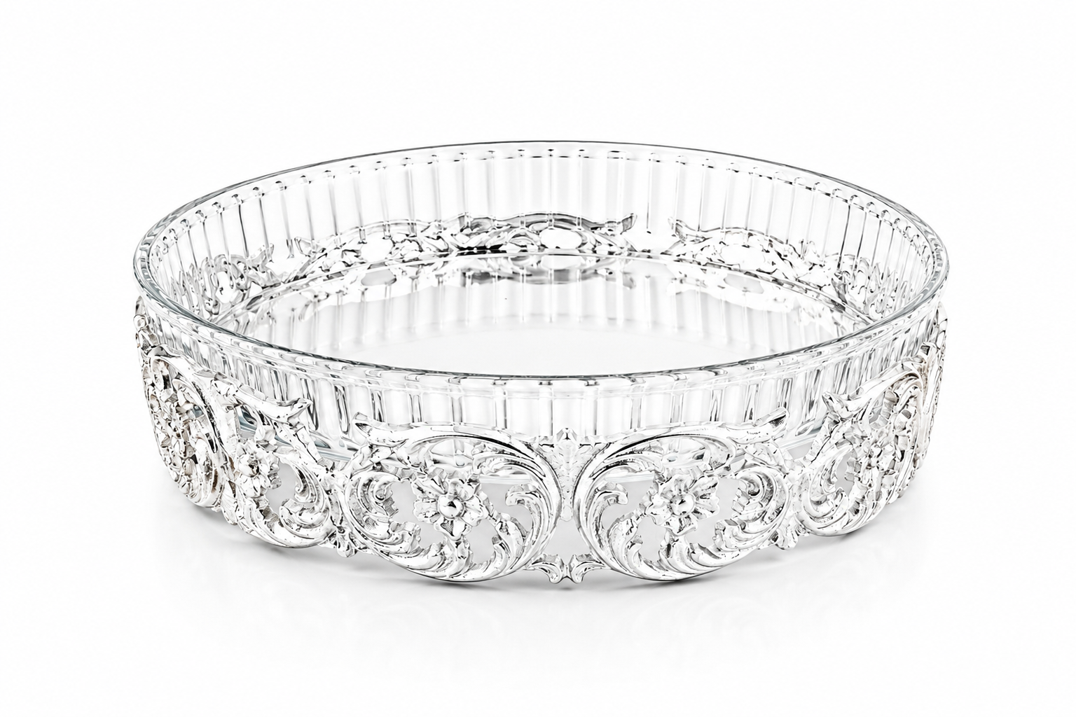 Decorative glass bowl with intricate patterns on a white background