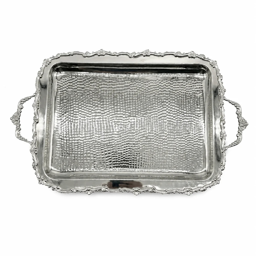 A rectangular silver serving tray with a hammered texture on the bottom, a decorative wavy rim, and two loop handles on the sides, shown against a plain white background.