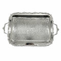 A rectangular silver serving tray with a hammered texture on the bottom, a decorative wavy rim, and two loop handles on the sides, shown against a plain white background.