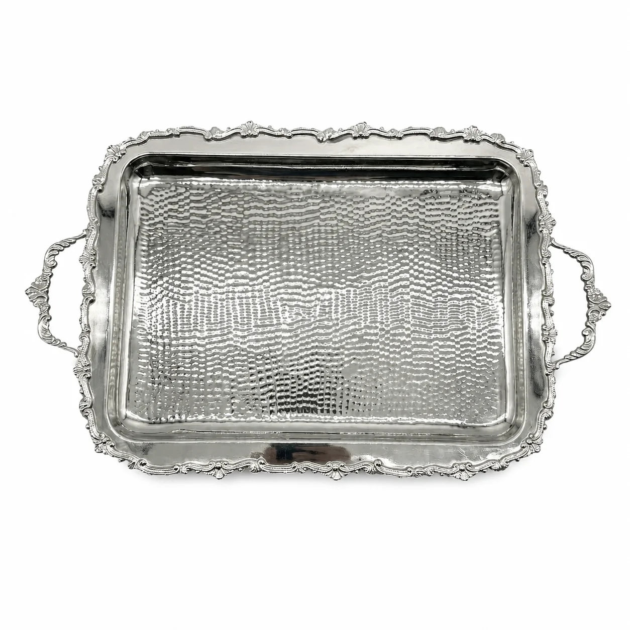 A rectangular silver serving tray with a hammered texture on the bottom, a decorative wavy rim, and two loop handles on the sides, shown against a plain white background.
