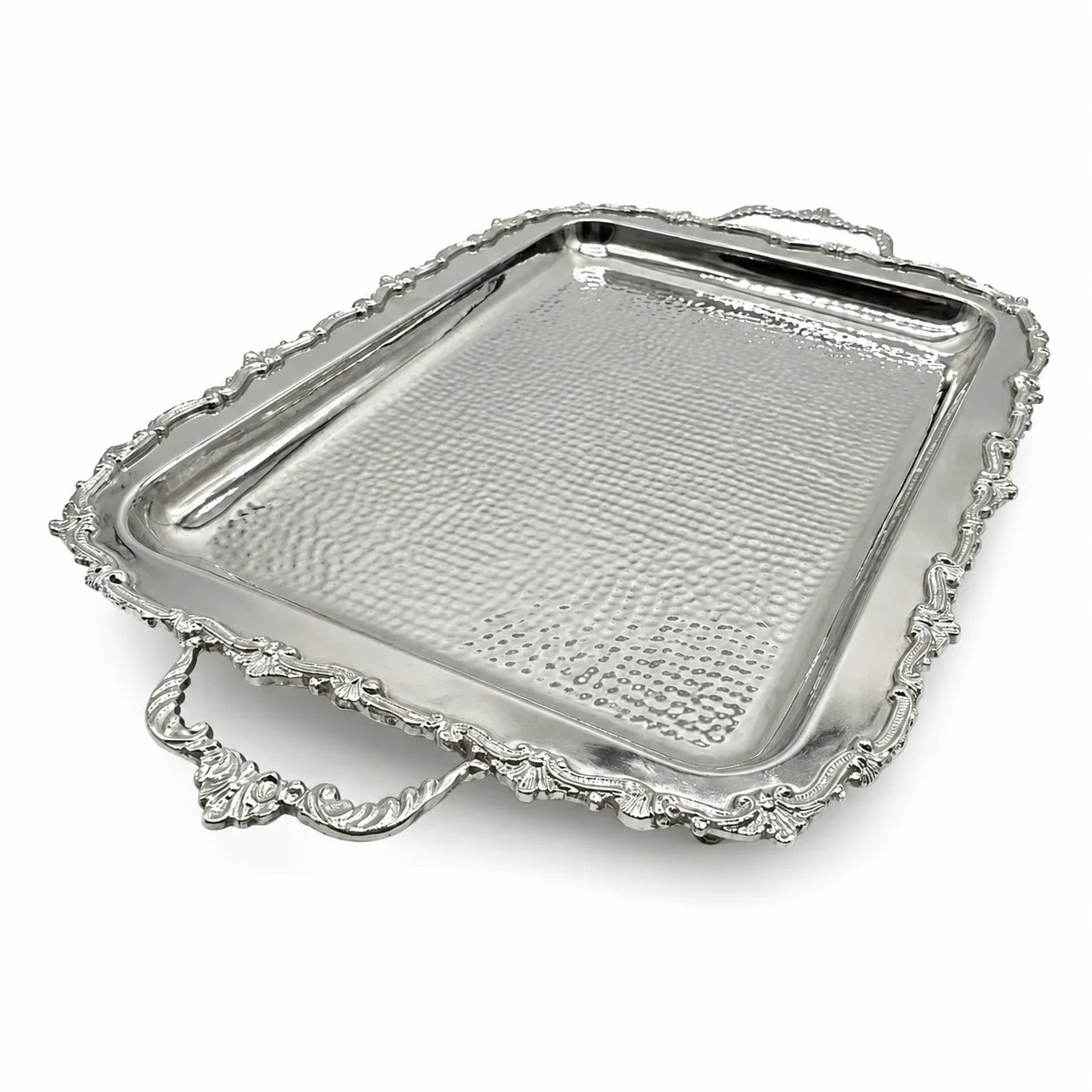 A rectangular silver serving tray with a hammered center and ornate decorative edges and handles, shown on a plain white background.