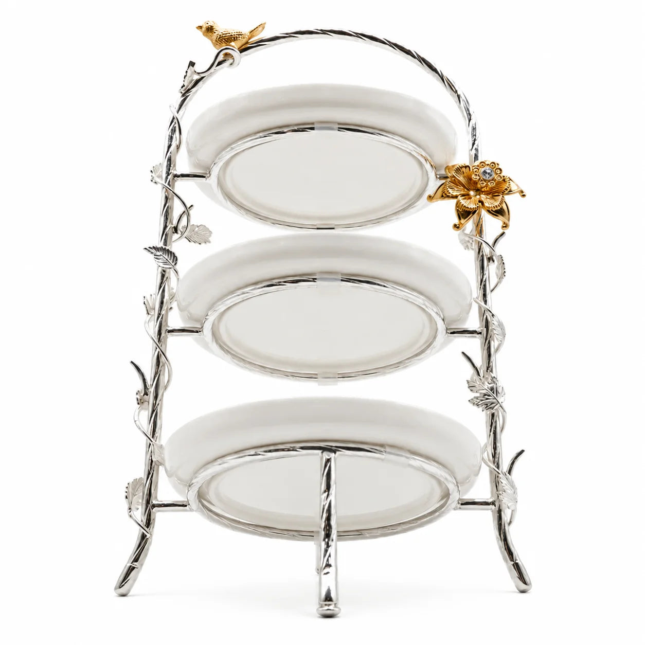 Three-tiered ceramic stand with decorative elements on a white background