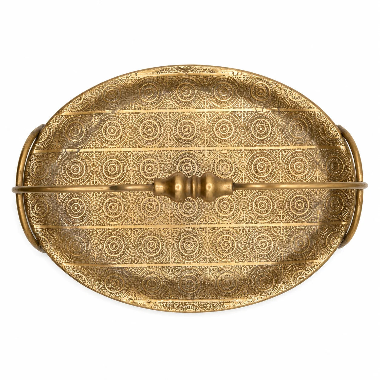 Decorative gold tray with intricate patterns on a white background