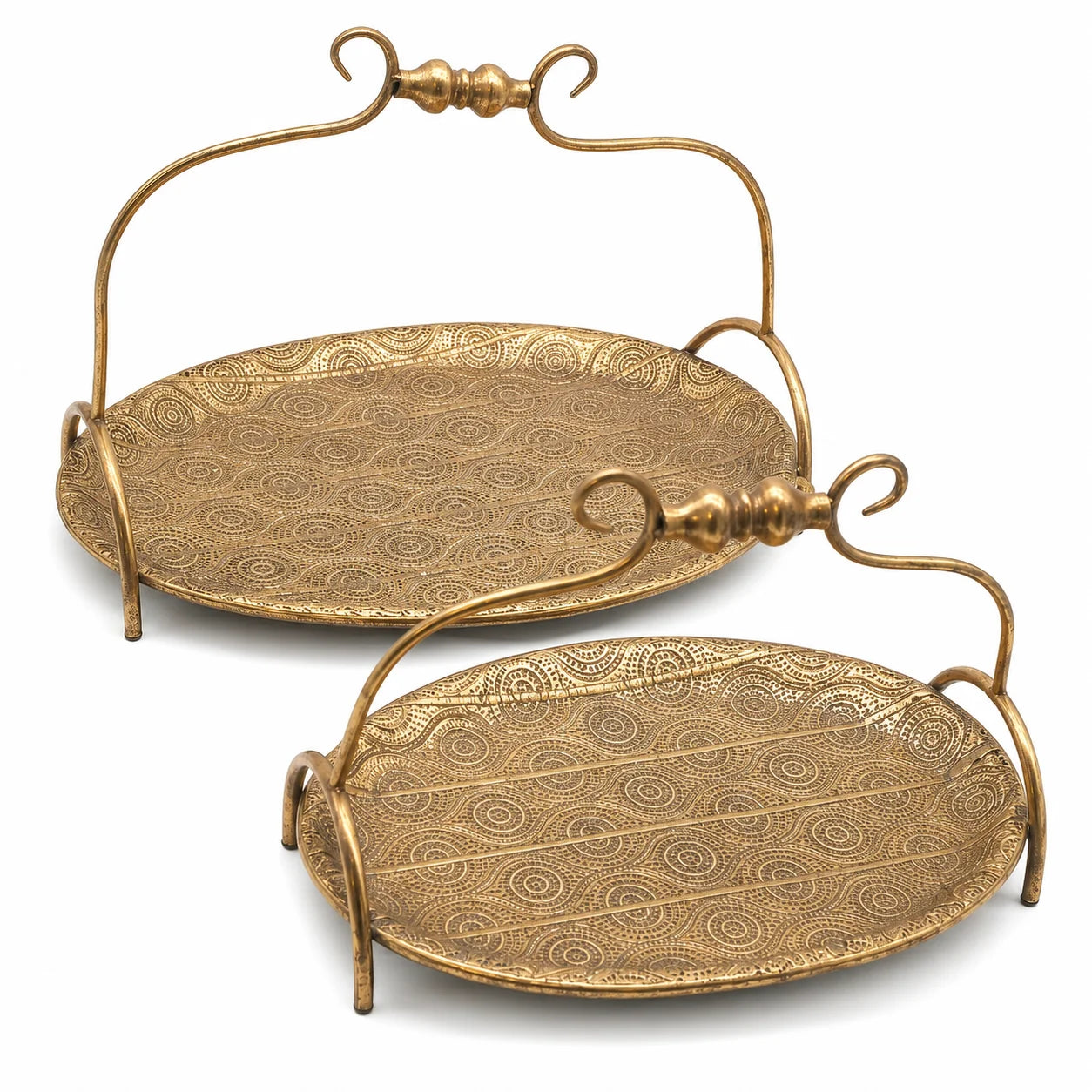 Two ornate gold serving trays with handles on a white background